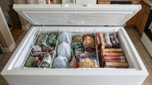 Full chest freezer with frozen water jugs filling empty space