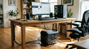 Power station under a desk providing backup power to a computer