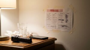 Emergency contact card and flashlight placed beside a bedside table
