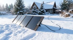Solar panel in snow connected to a power station on a sunny winter day