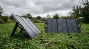 Portable solar panels set up under an overcast sky