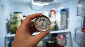 Appliance thermometer reading temperature inside a refrigerator