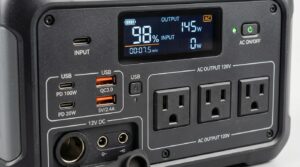 Front panel of a power station with AC outlets, USB ports and display