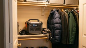 Power station stored indoors in a heated closet for winter