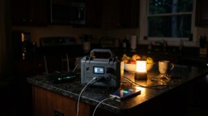 Compact power station keeping a router and phone running during an outage