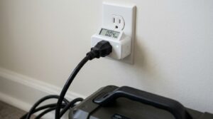 Energy meter plug measuring electricity used to charge a power station