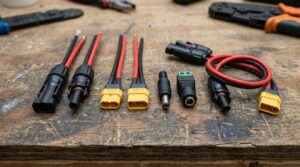 Different solar panel connector types laid out beside an adapter cable